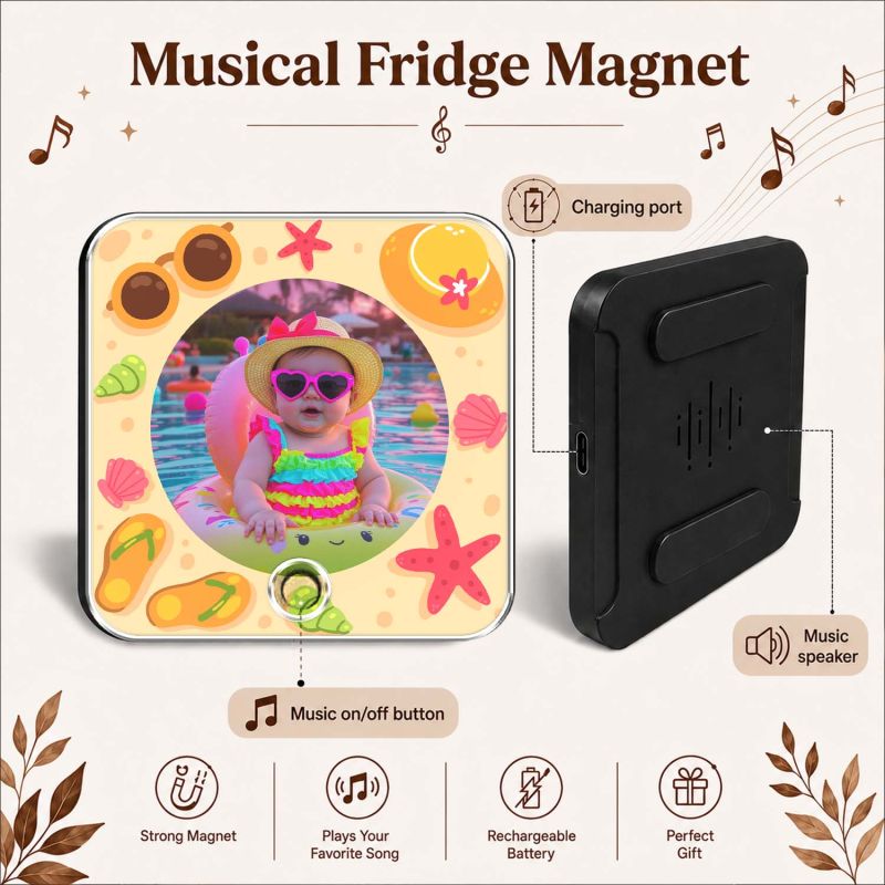 Personalized Beach Theme Baby Photo Musical Fridge Magnet for Boys & Girl  Photo Magnet Gift for Kids, Family, Baby Shower, Birthday, Home Kitchen Decor  Return Gift
